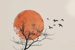 Obraz japandi měsíc s hejnem ptáků