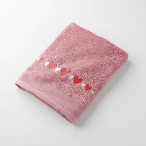 Koupelnový textil s výšivkou srdcí starorůžová ručník 50x100 cm+žínka