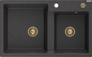 MEXEN/S - Tomas granitový dřez 2-bowl 800x500 mm, černá kropenatá, + zlatý sifon 6516802000-76-G