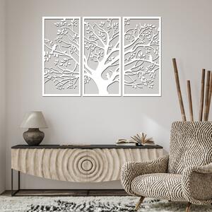Dřevo života | 3 dílný dřevěný strom s ptáky | Barva: Bílá | Rozměry (cm): 240x155