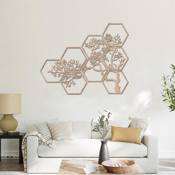 Dřevěný strom na zeď HEXAGON Zvolte barvu dekoru: Černá | Rozměry (cm): 60x48