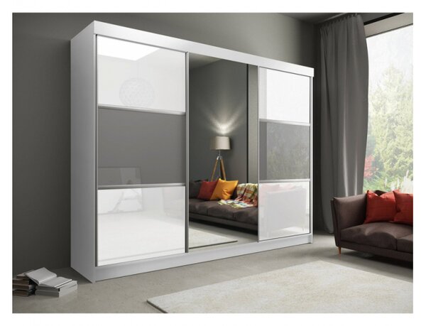 Šatní skříň s posuvnými dveřmi a zrcadlem FLORIDA - bílá / šedá