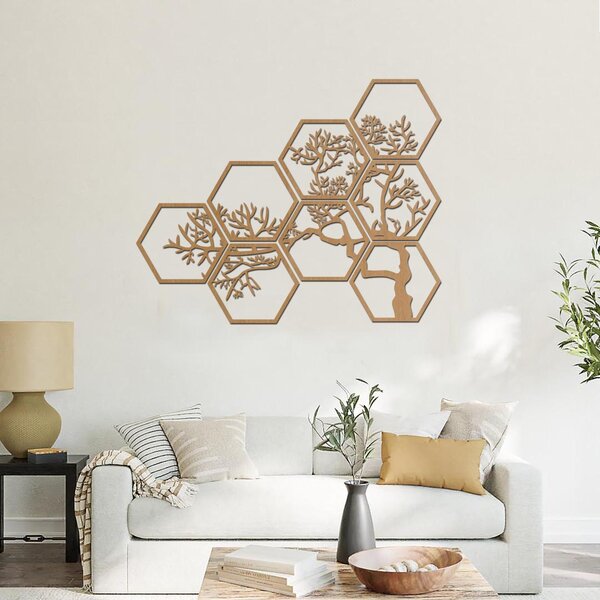 Dřevěný strom na zeď HEXAGON Zvolte barvu dekoru: Černá | Rozměry (cm): 60x48