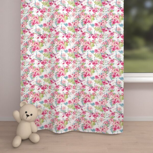 Biante Dětský bavlněný závěs Sandra SA-493 Kolibříci s růžovými květy na bílém 150x140 cm
