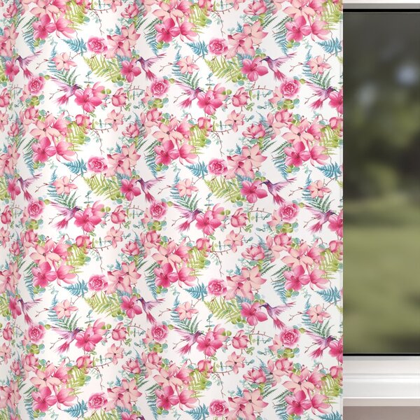 Biante Dětský bavlněný závěs Sandra SA-493 Kolibříci s růžovými květy na bílém 150x140 cm