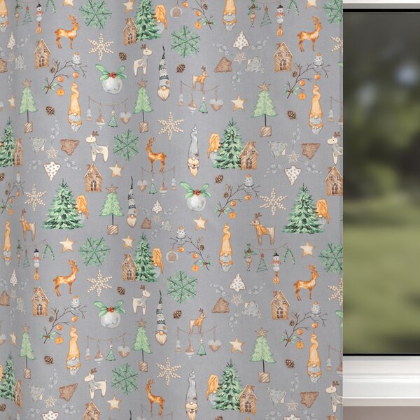 Biante Vánoční bavlněný závěs Sandra SA-509 Vánoční skřítci a ozdoby na šedém 150x190 cm