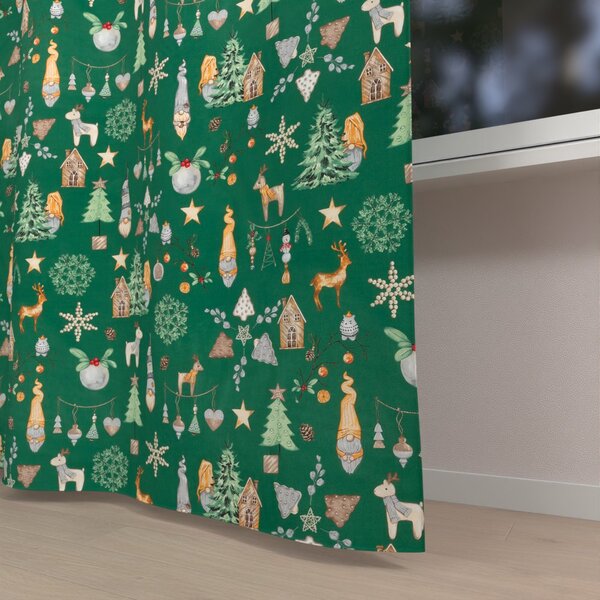 Biante Vánoční bavlněný závěs Sandra SA-508 Vánoční skřítci a ozdoby na zeleném 150x140 cm