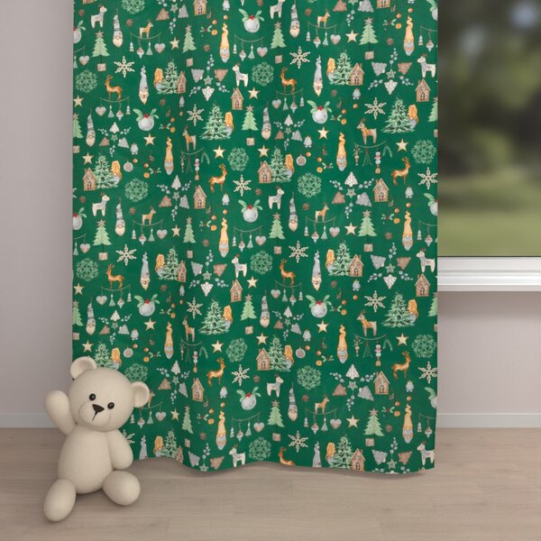 Biante Vánoční bavlněný závěs Sandra SA-508 Vánoční skřítci a ozdoby na zeleném 150x140 cm