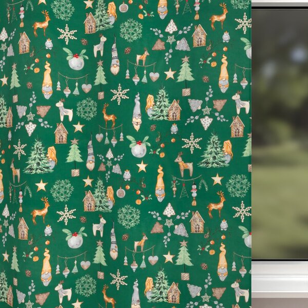 Biante Vánoční bavlněný závěs Sandra SA-508 Vánoční skřítci a ozdoby na zeleném 150x140 cm