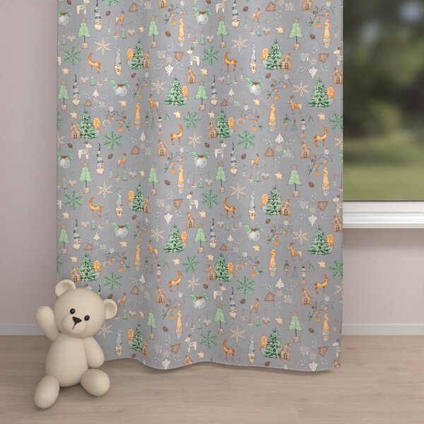 Biante Vánoční bavlněný závěs Sandra SA-509 Vánoční skřítci a ozdoby na šedém 150x190 cm