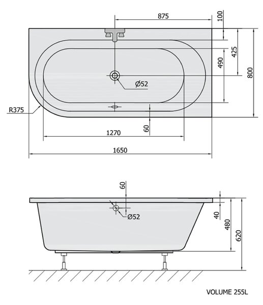 Polysan Polysan, ASTRA R asymetrická vana 165x80x48cm, bílá, 34611