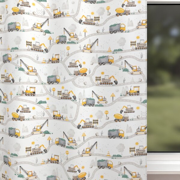 Biante Dětský bavlněný závěs Sandra SA-756 Žluto-zelená auta a bagry na bílém 150x160 cm