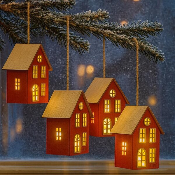 Domek závěsný filcový červený svítící 12*9cm 3001106-1A