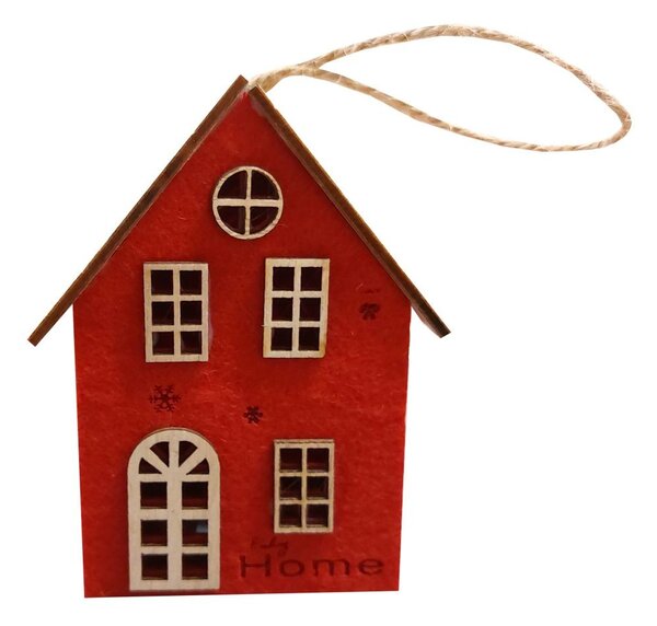 Domek závěsný filcový červený svítící 12*9cm 3001106-1A