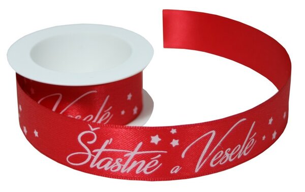 Látková stuha Šťastné a veselé červená 2m x 25mm/ 3ks 7402809