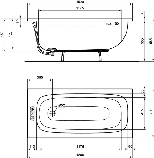 Ideal Standard i.life - Obdélníková vana 1500x700 mm, s přepadem, bílá T475701