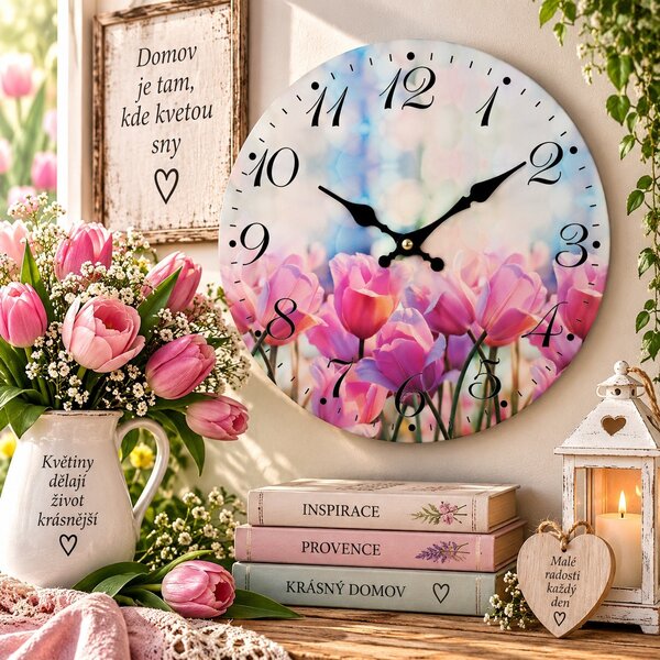 Nástěnné hodiny – Růžové tulipány, Ø 34 cm 2000080