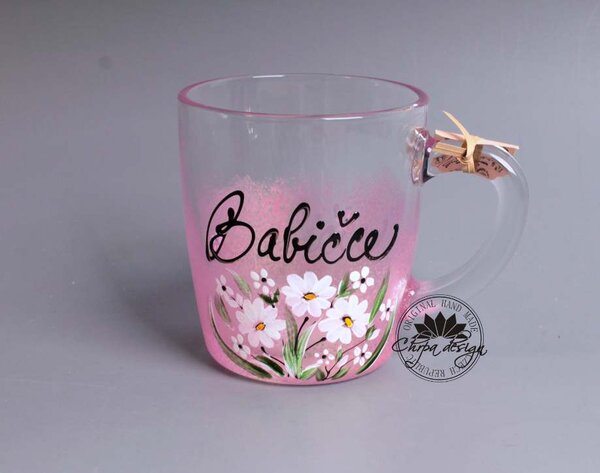 Skleněný hrnek - Babičce - růžové květy