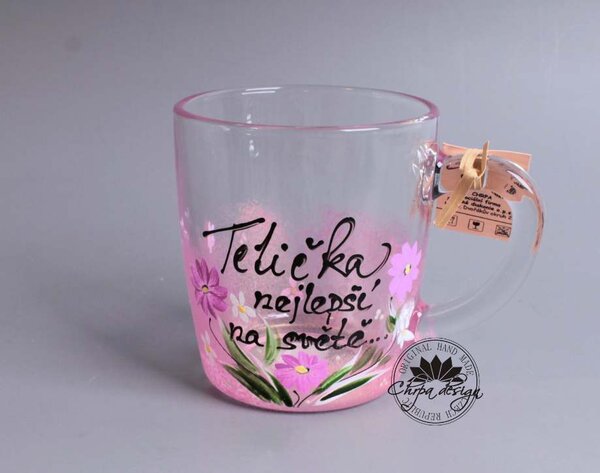 Skleněný hrnek - Tetičce - růžové květy