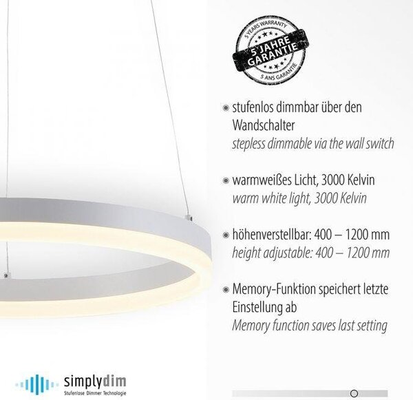 Paul Neuhaus Závěsné LED svítidlo TITUS, 31W, ø 40 cm, 3000K stmívatelné