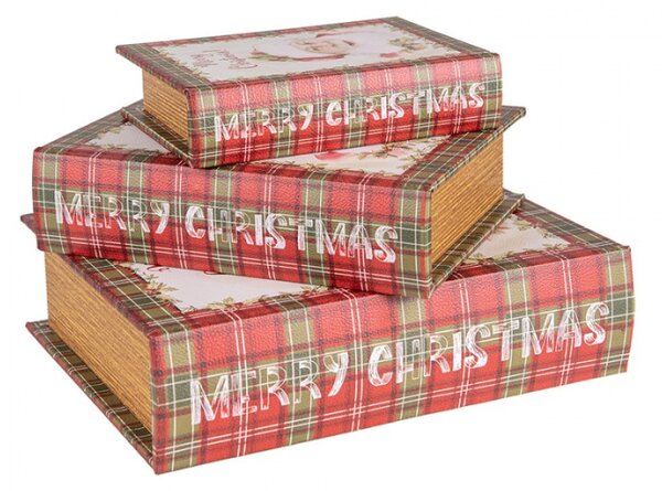 Sada 3 vánočních úložných boxů ve tvaru knihy se Santa Clausem a skotskou kostkou – 27x22x7 / 22x17x6 / 17x12x4 cm