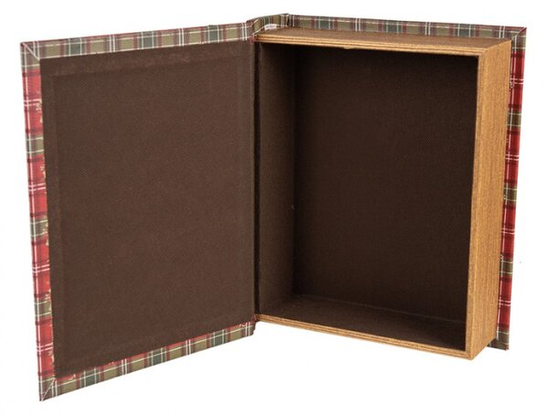 Sada 3 vánočních úložných boxů ve tvaru knihy se Santa Clausem a skotskou kostkou – 27x22x7 / 22x17x6 / 17x12x4 cm