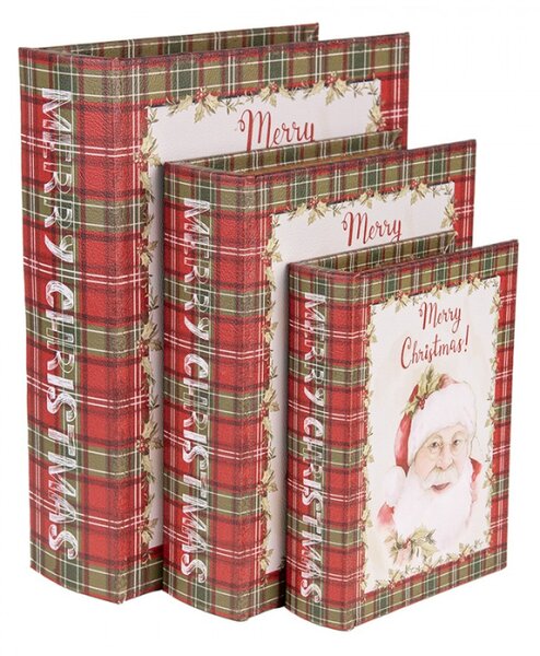 Sada 3 vánočních úložných boxů ve tvaru knihy se Santa Clausem a skotskou kostkou – 27x22x7 / 22x17x6 / 17x12x4 cm