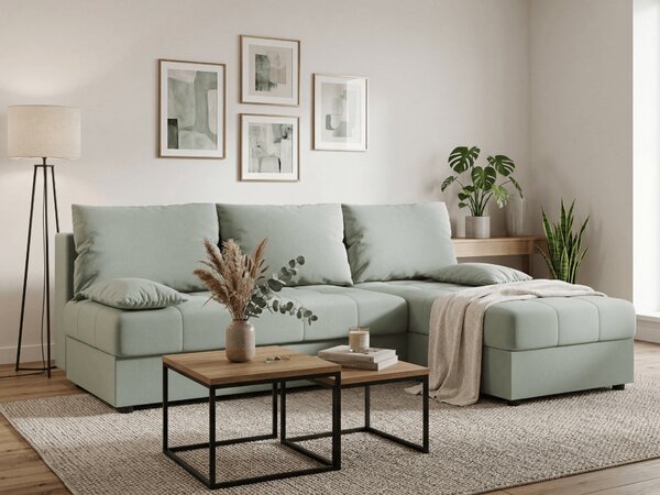 Rozkládací oboustranná sedací souprava do L VENORIA SLIM 200x143 cm, světle zelená + 2 polštářky ZDARMA