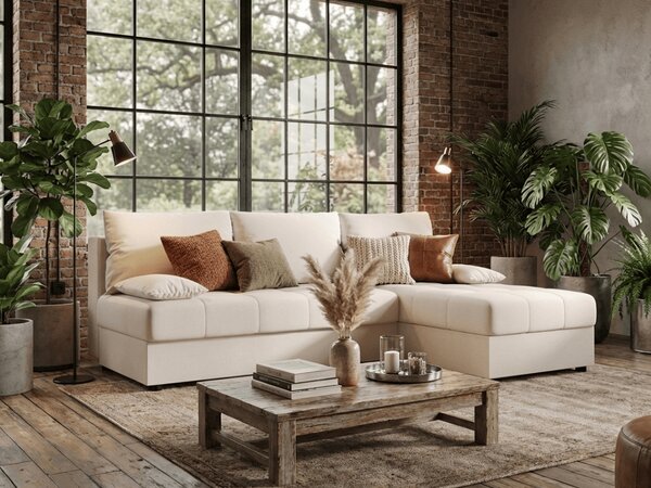 Rozkládací oboustranná sedací souprava do L VENORIA SLIM 200x143 cm, krémová + 2 polštářky ZDARMA