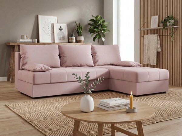 Rozkládací oboustranná sedací souprava do L VENORIA SLIM 200x143 cm, pudrově růžová + 2 polštářky ZDARMA