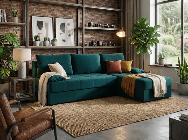 Rozkládací oboustranná sedací souprava do L VENORIA SLIM 200x143 cm, petrolejová + 2 polštářky ZDARMA