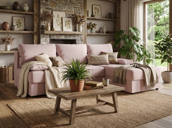 Rozkládací oboustranná sedací souprava do L VENORIA SLIM 200x143 cm, pudrově růžová + 2 polštářky ZDARMA