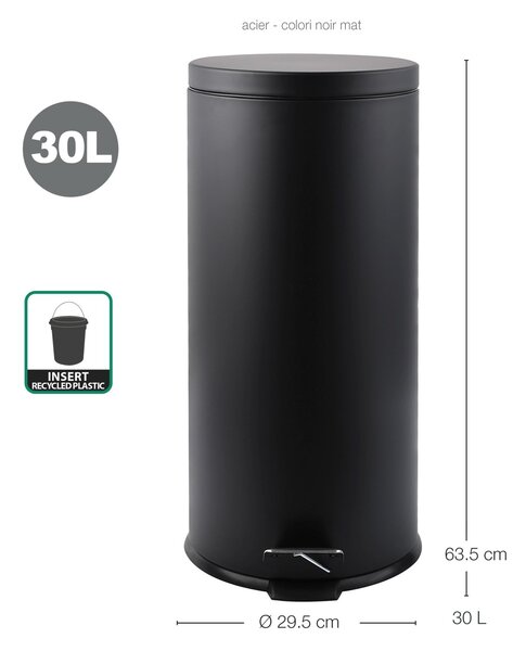 MSV pedálový odpadkový koš, matná černá, ocel, 30 L
