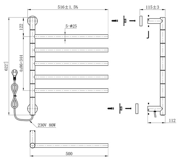 BPS-koupelny Elektrický koupelnový radiátor DORIAN BL 1 230W, 51,6x62,2 cm, černý