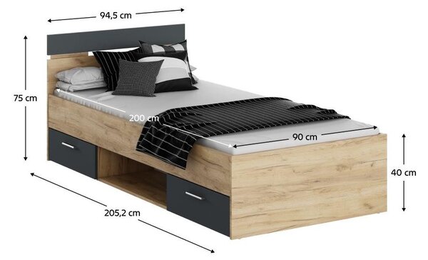 Jednolůžková postel 90 cm Michigin (dub artisan + grafit) (s úložným prostorem)
