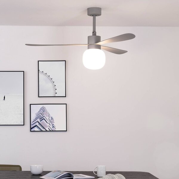 FARO BARCELONA LED stropní ventilátor Amelia Ball L, šedý, DC, tichý, 132 cm, stmívatelný, Hliník / šedá / zinek, Obývací pokoj / jídelna, Plast, Moderní