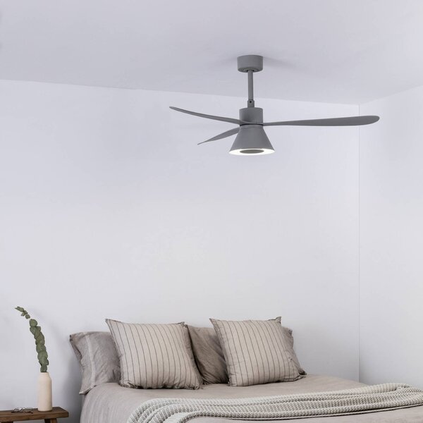 FARO BARCELONA LED stropní ventilátor Amelia Cone L, šedý, stejnosměrný, tichý, 132 cm, stmívatelný, Hliník / šedá / zinek, Obývací pokoj / jídelna, Plast, Moderní