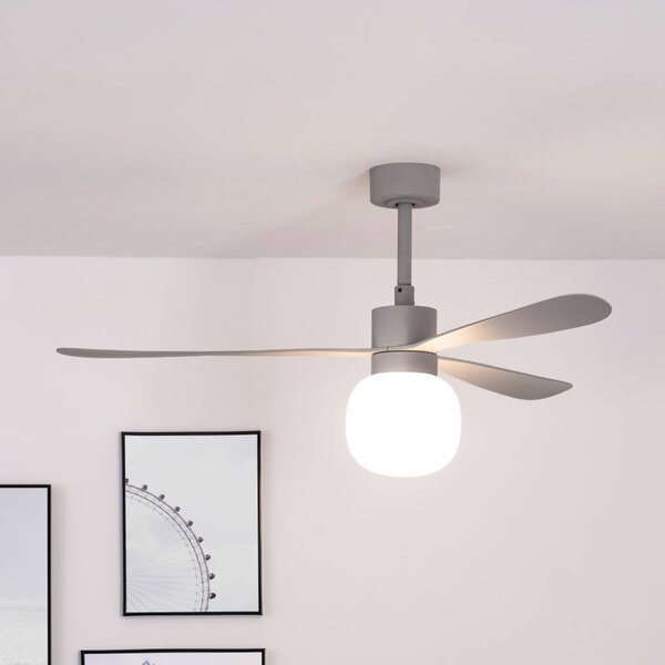 FARO BARCELONA LED stropní ventilátor Amelia Ball L, šedý, DC, tichý, 132 cm, stmívatelný, Hliník / šedá / zinek, Obývací pokoj / jídelna, Plast, Moderní