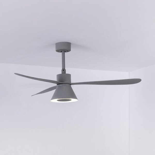 FARO BARCELONA LED stropní ventilátor Amelia Cone L, šedý, stejnosměrný, tichý, 132 cm, stmívatelný, Hliník / šedá / zinek, Obývací pokoj / jídelna, Plast, Moderní
