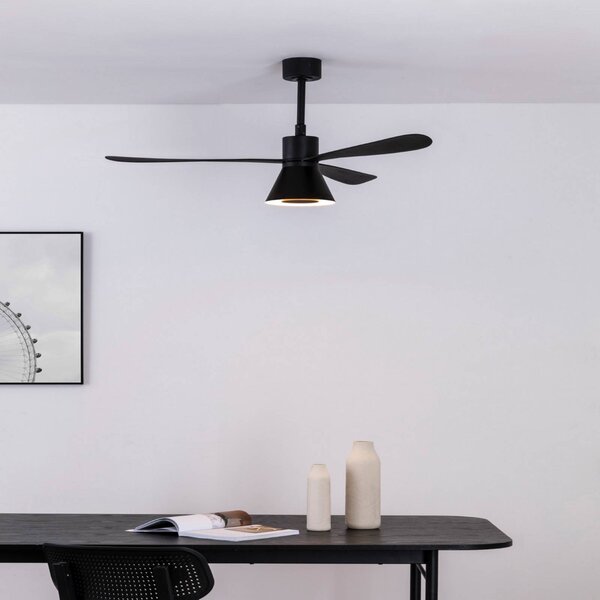 FARO BARCELONA LED stropní ventilátor Amelia Cone L, černý, tichý, 132 cm, stmívatelný, Černá, Obývací pokoj / jídelna, Plast, Moderní