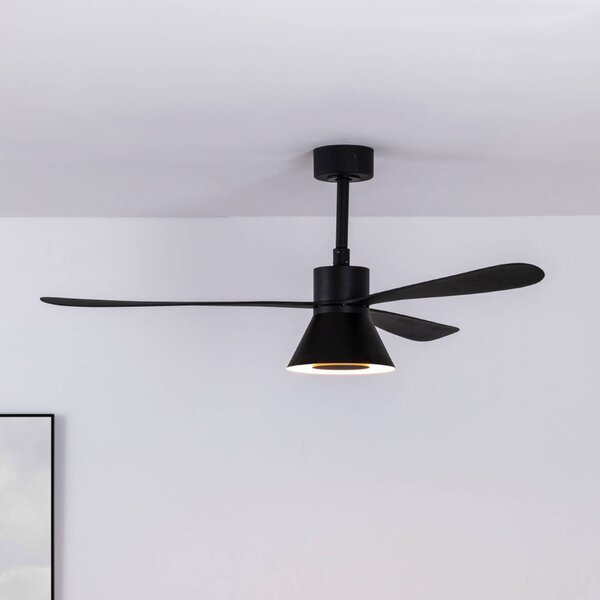FARO BARCELONA LED stropní ventilátor Amelia Cone L, černý, tichý, 132 cm, stmívatelný, Černá, Obývací pokoj / jídelna, Plast, Moderní