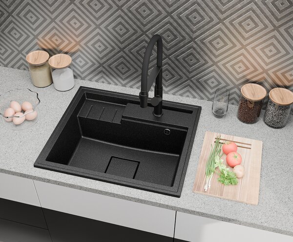Granitový dřez ELITE 6052 BÍLÝ + zlatý sifon 60 x 52 x 21,5cm