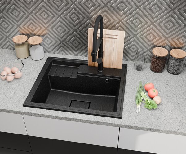 Granitový dřez ELITE 6052 BÍLÝ + zlatý sifon 60 x 52 x 21,5cm