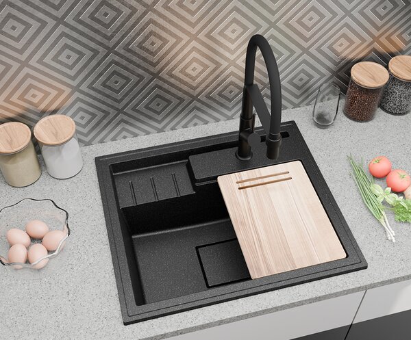 Granitový dřez ELITE 6052 BÍLÝ + zlatý sifon 60 x 52 x 21,5cm