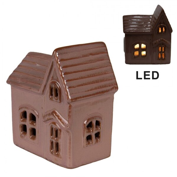 Hnědý keramický kostelík s LED světýlky Dwaalstoot – 10x6x12 cm