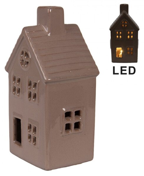 Hnědý keramický domeček s LED světýlky Plokkerig – 8x6x15 cm