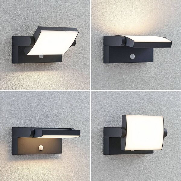 Lindby LED venkovní nástěnné svítidlo Sherin, antracitová, senzor, IP54, Černá, Hliník, Moderní