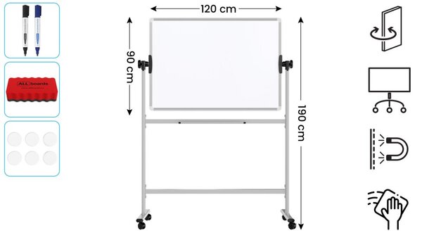 Mobilní tabule TM Idea, oboustranná, otočná, za sucha stíratelná, magnetická, 100x70 cm – řada FLEX, DMB107