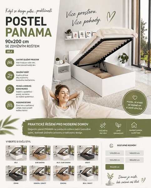 Postel PANAMA 90x200 se zdvižným roštem ŠEDÁ BÍLÁ