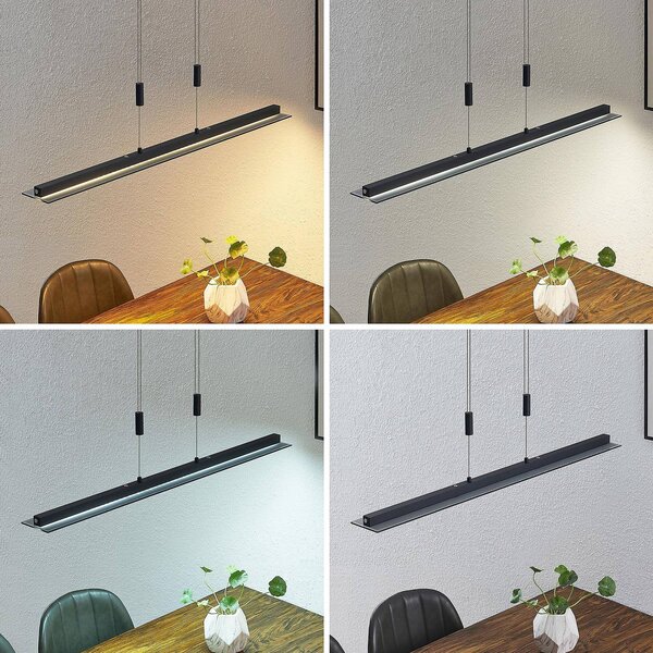 Lindby LED závěsné svítidlo Berina, 100 cm, černá, CCT, kouřové sklo